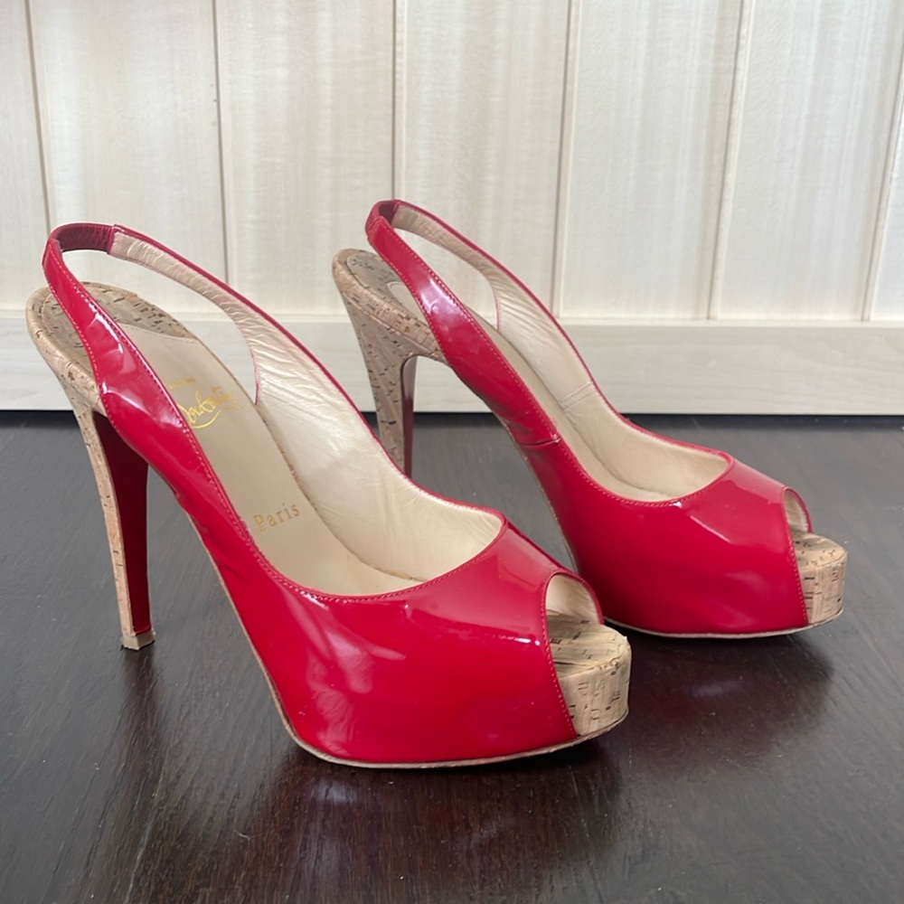 Christian Louboutin red patent Leather So Private 120 Cork Slingback Sandals